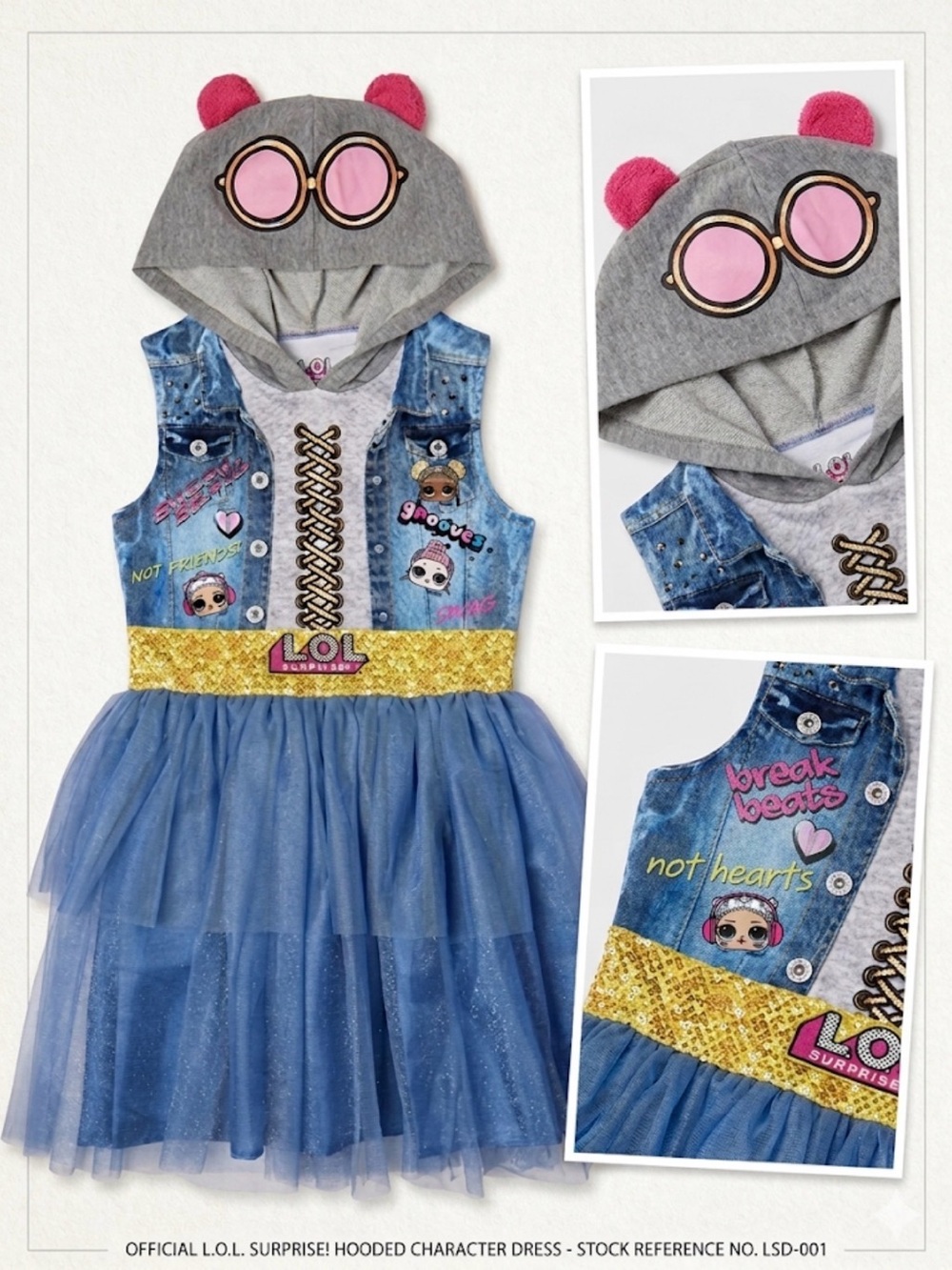 L.O.L. Surprise! Girls Hooded Cosplay Dress Blue Tulle Denim Print Size 6/6X